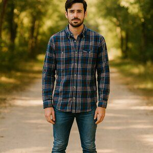 A. Tiziano Premium Men XL Plaid‎ Elbow Patch Button Down Long Sleeve Shirt Chore